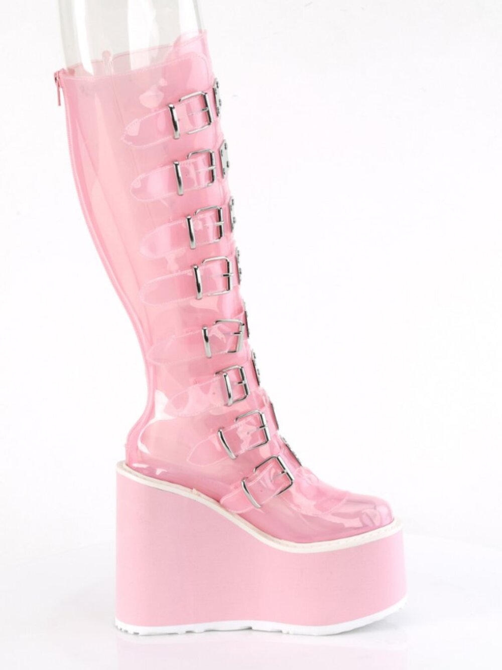 B. Pink TPU Knee High Boots with 8 Buckle Straps